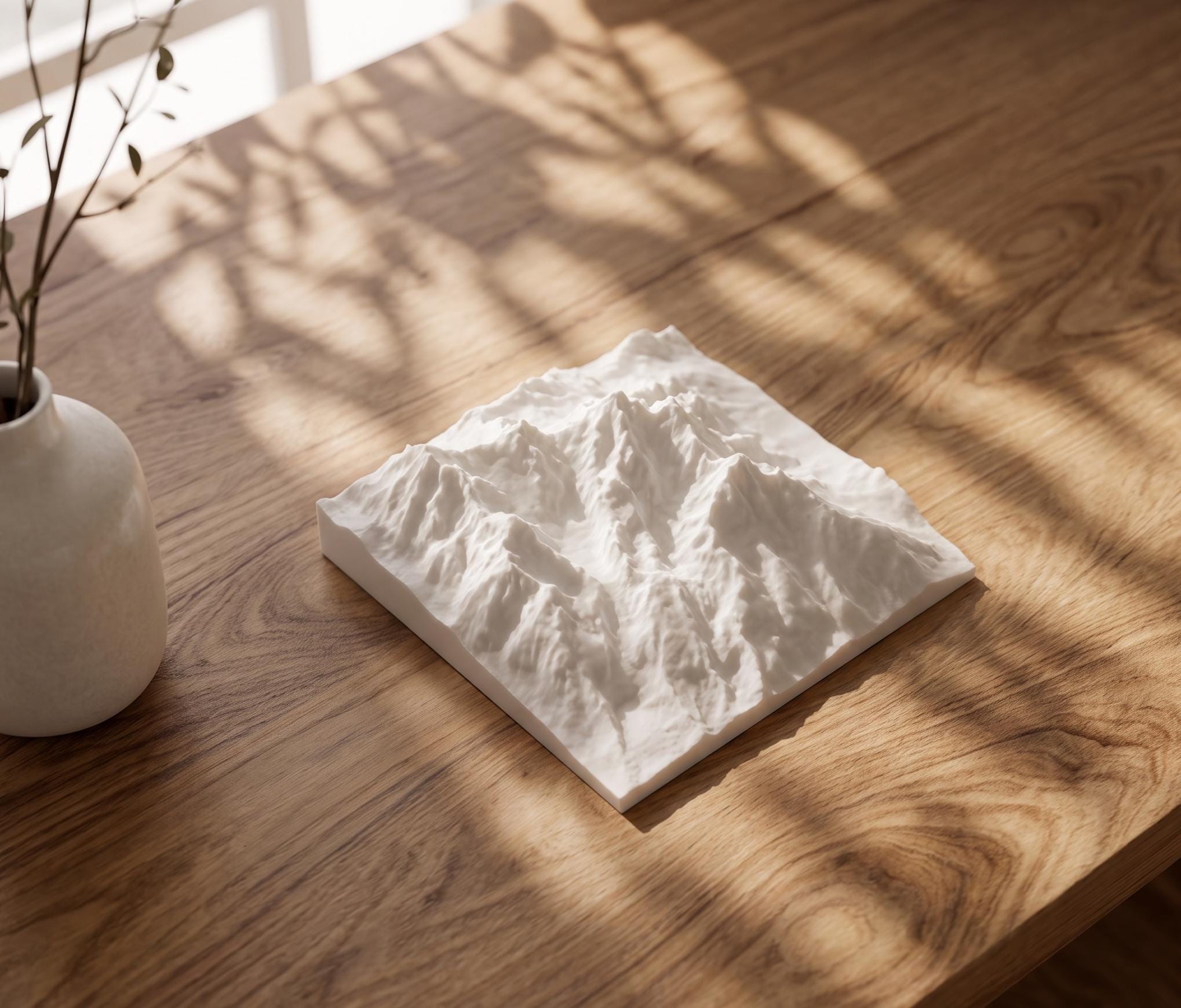 White topographic model of a mountain on a sunlit wood table