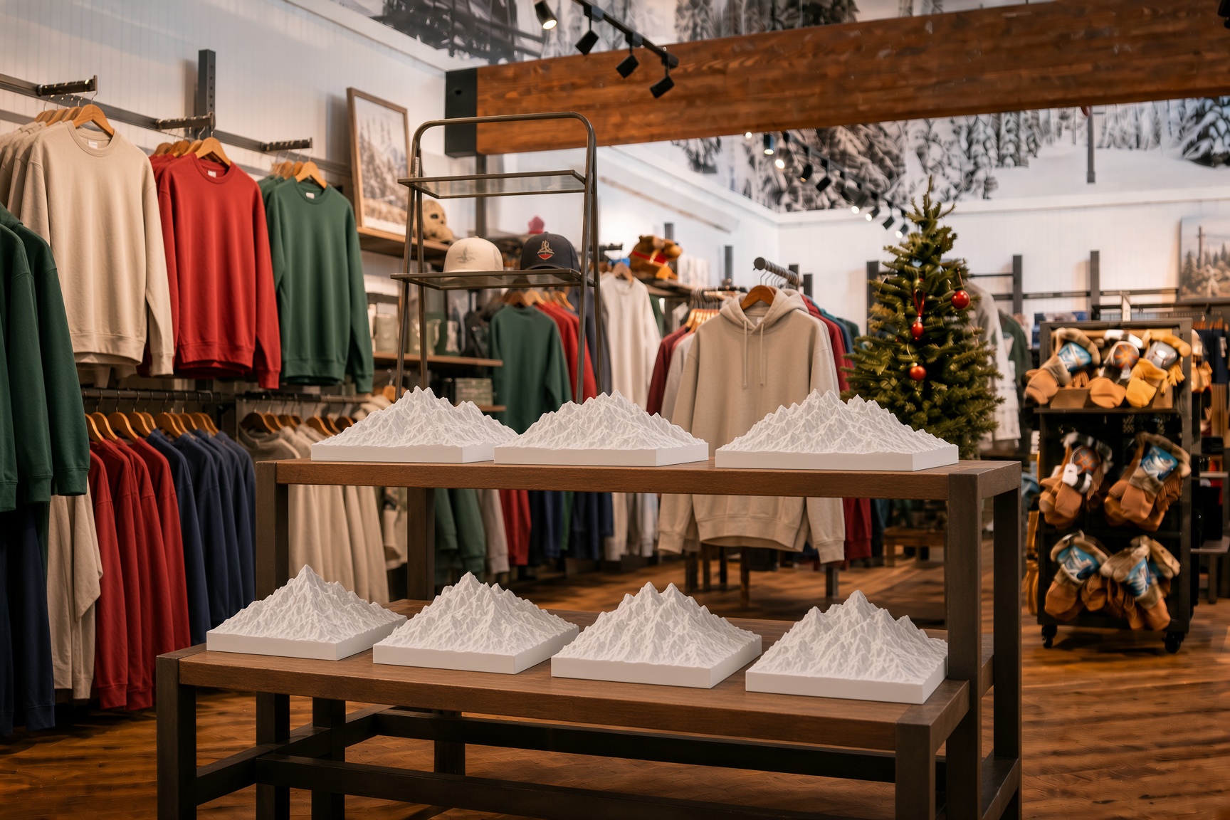 Mountain models on a lodge gift table