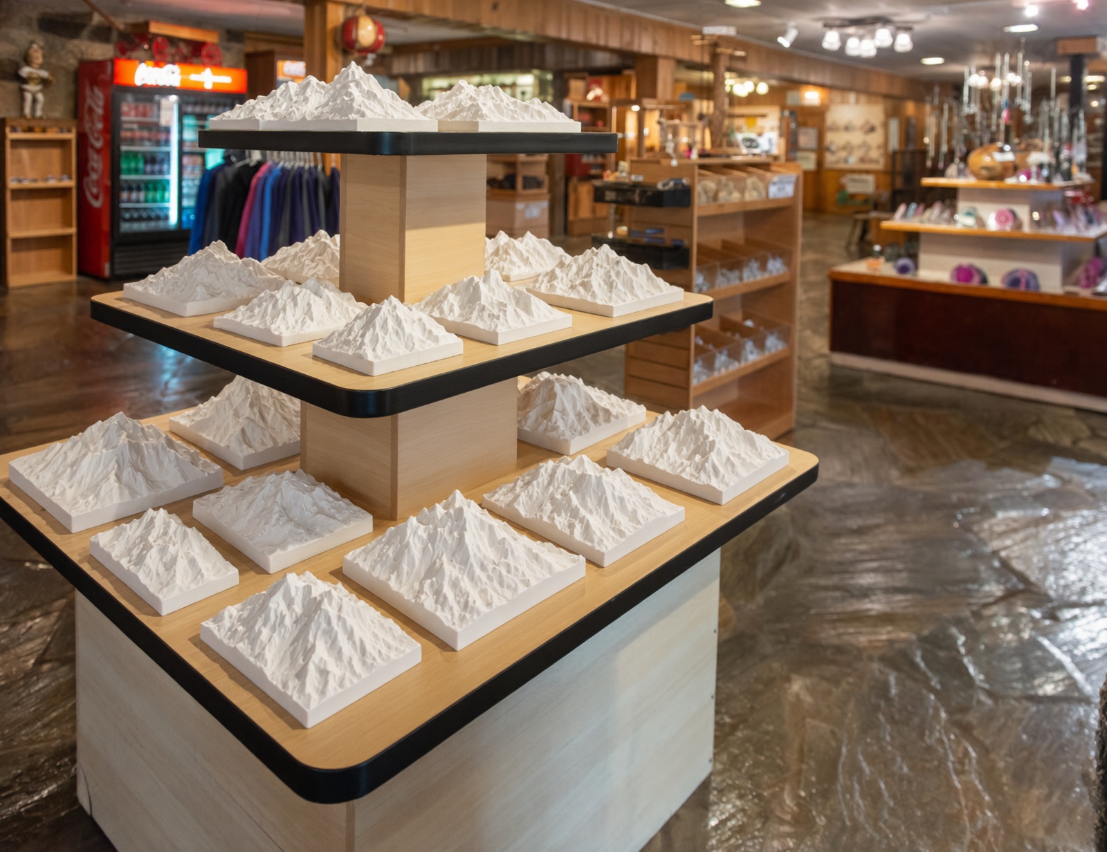Mountain models on a park gift shop table